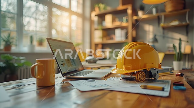 العمل في مكاتب الشركات الهندسية في المملكة, وظائف ومهن للشباب في السعودية, مكتب ذو نوافذ زجاجية كبيرة بإطلالة على الطبيعة, دمج الأجهزة التكنولوجية الحديثة بالمجال الهندسي, خوذة المهندس الصفراء والحاسوب المحمول ومجموعة من المخططات موضوعة على الطاولة المكتبية