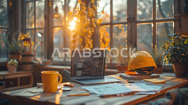 العمل في مكاتب الشركات الهندسية في المملكة, وظائف ومهن للشباب في السعودية, مكتب ذو نوافذ زجاجية كبيرة بإطلالة على الطبيعة, دمج الأجهزة التكنولوجية الحديثة بالمجال الهندسي, خوذة المهندس الصفراء والحاسوب المحمول ومجموعة من المخططات موضوعة على الطاولة المكتبية