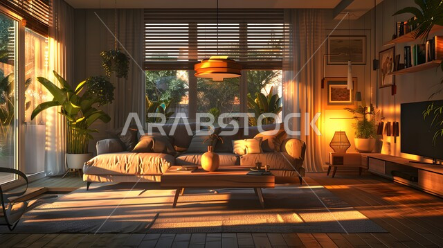 التصاميم الداخلية الأنيقة لغرف الجلوس، ديكور داخلي راقي للفلل والشقق السكنية في المملكة العربية السعودية, غرفة معيشة مع أثاث منزلي ومجالس مريحة، تحف واكسسوارات فاخرة