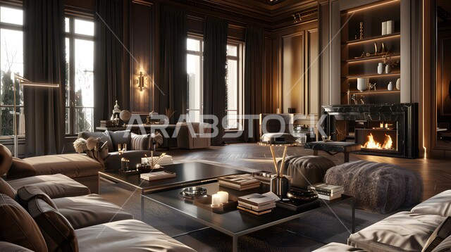 التصاميم الداخلية الأنيقة لغرف الجلوس، ديكور داخلي راقي للفلل والشقق السكنية في المملكة العربية السعودية, غرفة معيشة مع أثاث منزلي ومجالس مريحة، تحف واكسسوارات فاخرة