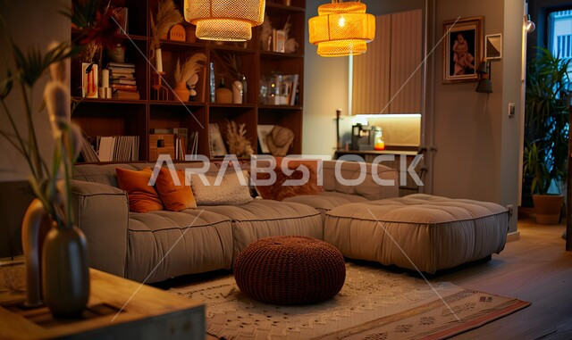 التصاميم الداخلية الأنيقة لغرف الجلوس، ديكور داخلي راقي للفلل والشقق السكنية في المملكة العربية السعودية, غرفة معيشة مع أثاث منزلي ومجالس مريحة، تحف واكسسوارات فاخرة