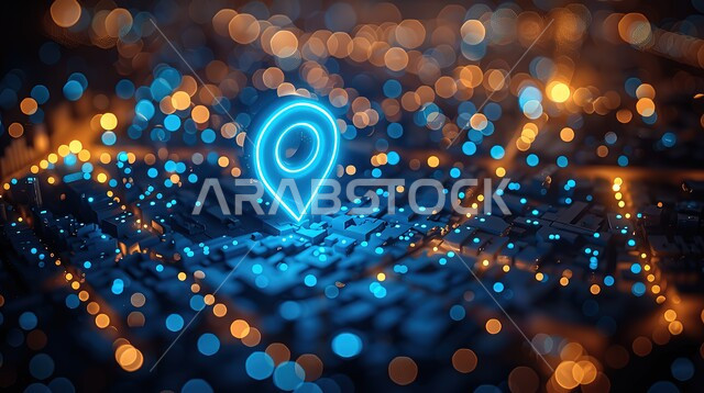 رسوم هولوجرامية ثلاثية الأبعاد لدبوس تحديد الموقع باللون الأزرق، خرائط الامارات العربية المتحدة المستقبلية، العثور على الأماكن في شوارع دبي بسرعة وسهولة باستخدام تقنيات الذكاء الصناعي، النمو والتطور التكنولوجي في المجال الجغرافي، مفهوم الخريطة الالكترونية