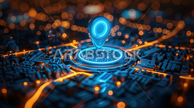 رسوم هولوجرامية ثلاثية الأبعاد لدبوس تحديد الموقع باللون الأزرق، خرائط الامارات العربية المتحدة المستقبلية، العثور على الأماكن في شوارع دبي بسرعة وسهولة باستخدام تقنيات الذكاء الصناعي، النمو والتطور التكنولوجي في المجال الجغرافي، مفهوم الخريطة الالكترونية