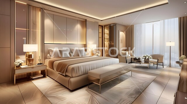 Bedroom with modern luxury designs and comfortable bed, residential apartments and villas, modern designs and decorations, rooms with elegant white home furniture, elegant interior decorations, luxury hotels and resorts