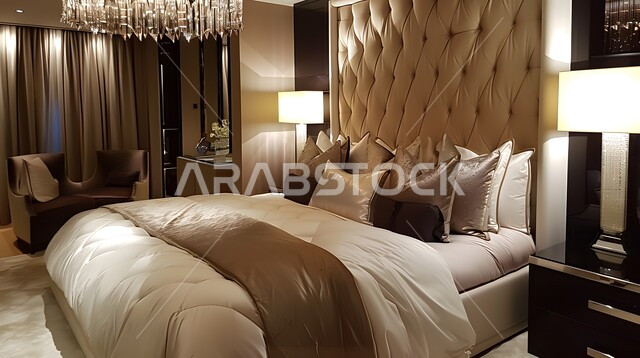 غرفة نوم بتصاميم عصرية فاخرة وسرير مريح، شقق وفلل سكنية، تصميمات وديكورات حديثة، غرف بأثاث منزلي راقي باللون الأبيض، ديكورات داخلية أنيقة، فنادق ومنتجعات فاخرة