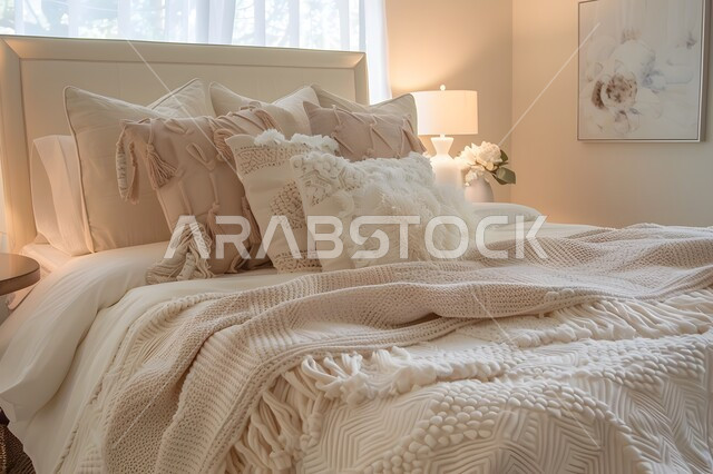 Bedroom with modern luxury designs and comfortable bed, residential apartments and villas, modern designs and decorations, rooms with elegant white home furniture and glass windows, elegant interior decorations, luxury hotels and resorts