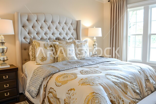 غرفة نوم بتصاميم عصرية فاخرة وسرير مريح، شقق وفلل سكنية، تصميمات وديكورات حديثة، غرف بأثاث منزلي راقي باللون الأبيض ونوافذ زجاجية، ديكورات داخلية أنيقة، فنادق ومنتجعات فاخرة