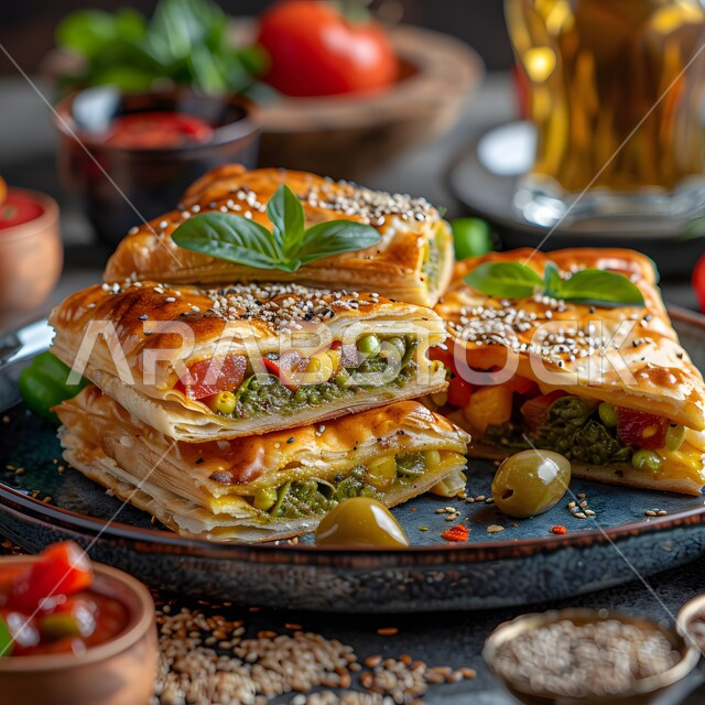 طبق من الفطائر الصحية المخبوزة الشهية، إتقان مهارة إعداد المخبوزات والمعجنات في مطابخ المملكة، فن تقديم الأطباق في مطاعم السعودية، قطع من فطيرة الجبن الساخنة الهشة، وصفات البرك بالجبنة اللذيذة، وجبات فطور مغذية ومشبعة