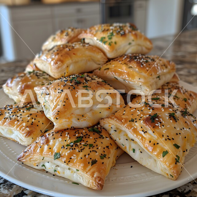طبق من الفطائر الصحية المخبوزة الشهية، إتقان مهارة إعداد المخبوزات والمعجنات في مطابخ المملكة، فن تقديم الأطباق في مطاعم السعودية، قطع من فطيرة الجبن الساخنة الهشة، وصفات البرك بالجبنة اللذيذة، وجبات فطور مغذية ومشبعة