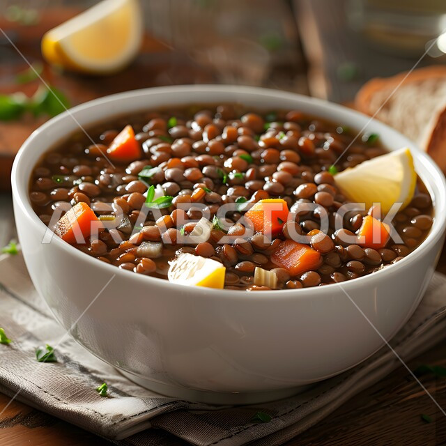 شوربة العدس الصحية والشهية المزينة بالخضروات والبقدونس المفروم والليمون الحامض، أطعمة ومأكولات شعبية تقليدية ذات عناصر غذائية مهمة، وجبة طعام ذات قيمة غذائية، طبق من المقبلات الساخنة اللذيذة، مطاعم عربية خليجية سعودية