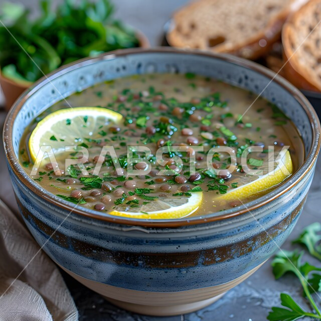 شوربة العدس الصحية والشهية المزينة بالخضروات والبقدونس المفروم والليمون الحامض، أطعمة ومأكولات شعبية تقليدية ذات عناصر غذائية مهمة، وجبة طعام ذات قيمة غذائية، طبق من المقبلات الساخنة اللذيذة، مطاعم عربية خليجية سعودية