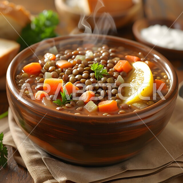 شوربة العدس الصحية والشهية المزينة بالخضروات والبقدونس المفروم والليمون الحامض، أطعمة ومأكولات شعبية تقليدية ذات عناصر غذائية مهمة، وجبة طعام ذات قيمة غذائية، طبق من المقبلات الساخنة اللذيذة، مطاعم عربية خليجية سعودية