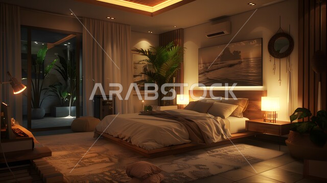 ديكورات داخلية أنيقة، غرفة نوم بتصاميم عصرية فاخرة وسرير مريح واضاءة متميزة ليلا، شقق وفلل سكنية، تصميمات وديكورات حديثة، غرف بأثاث منزلي راقي باللون الأبيض، فنادق ومنتجعات فاخرة