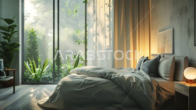 Glass facades overlooking the landscape, elegant interior decorations, bedroom with luxurious modern designs and comfortable bed, residential apartments and villas, modern designs and decorations, rooms with elegant home furniture in gray, luxury hotels and resorts