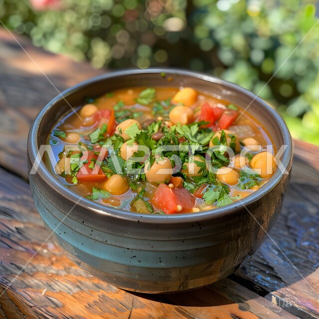 Delicious healthy breakfasts in oriental restaurants, popular appetizers, close-up of a plate of hummus with vegetables and parsley, traditional Arabic food, Saudi food recipes