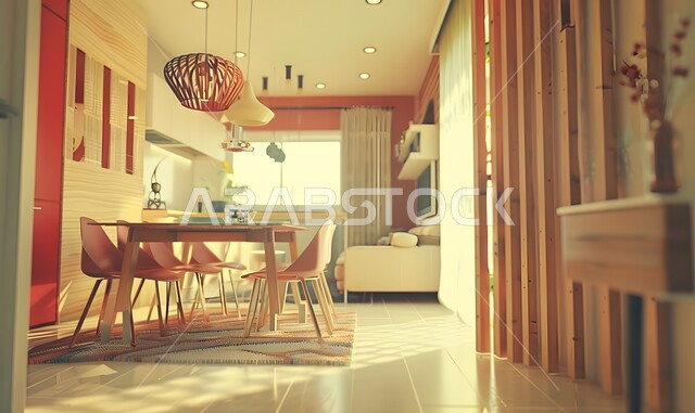 ديكورات داخلية حديثة لغرفة طعام، غرف معيشة بتصاميم عصرية فاخرة، طاولة سفرة مع كراسي خشبية أنيقة في الفلل والشقق السكنية، أثاث منزلي راقي للفنادق والمنتجعات في المملكة العربية السعودية 