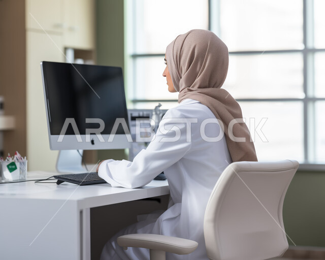 تقديم الاستشارات والخدمات الإنسانية,  كتابة الوصفات الطبية وطريقة العلاج عن طريق الكومبيوتر, استخدام التقنيات الحديثة والأجهزة المتطورة في القطاع الطبي، بورتريه لطبيبة عربية خليجية سعودية محجبة ترتدي المعطف الابيض تجلس أمام الحاسوب في العيادة الطبية المتطورة