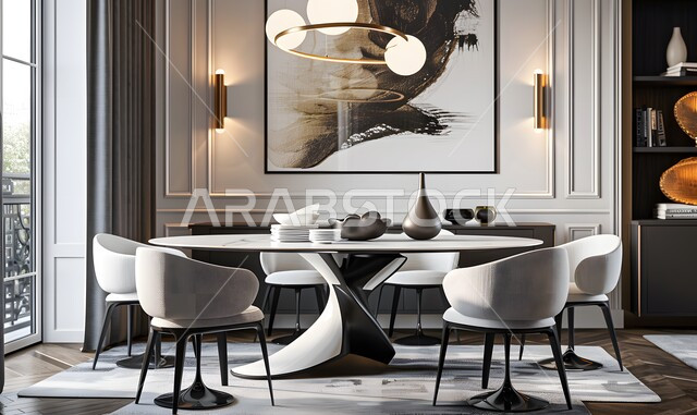 ديكورات داخلية حديثة لغرفة طعام، غرف معيشة بتصاميم عصرية فاخرة، طاولة سفرة مع كراسي خشبية أنيقة في الفلل والشقق السكنية، أثاث منزلي راقي للفنادق والمنتجعات في المملكة العربية السعودية