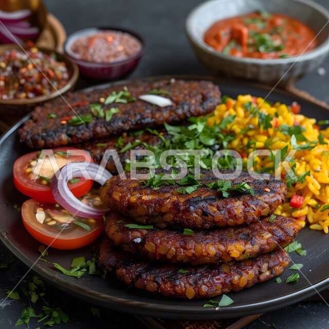 Traditional lunches rich in distinctive flavours, a plate of grilled meat pieces with chopped vegetables served with rice, popular food recipes in the Kingdom of Saudi Arabia, the art of presentation in restaurants and oriental kitchens, healthy and useful dishes with high values