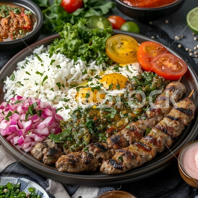  أسياخ اللحم المشوية بجانب الخضروات المقطعة المقدمة مع البيض المقلي، وجبات غداء تقليدية غنية بالنكهات المميزة، وصفات الطعام الشعبية في المملكة العربية العربية السعودية، فن التقديم في المطاعم والمطابخ الشرقية، أطباق صحية ومفيدة ذات قيم عالية