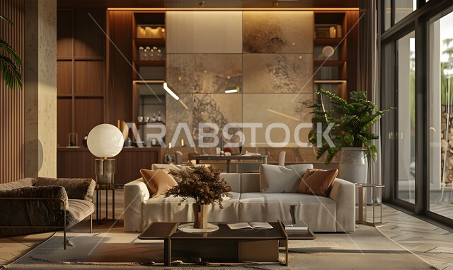 تحف واكسسوارات فخمة، التصاميم العصرية الأنيقة لغرف الجلوس، ديكور داخلي راقي للفلل والشقق السكنية في المملكة العربية السعودية, غرفة معيشة مع أثاث منزلي وكنب فاخرة