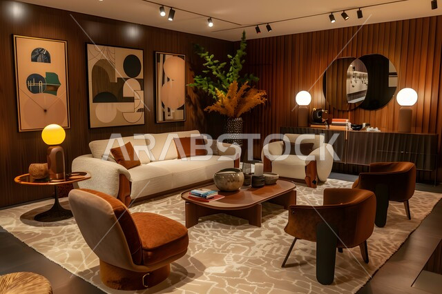تحف واكسسوارات فخمة، التصاميم العصرية الأنيقة لغرف الجلوس، ديكور داخلي راقي للفلل والشقق السكنية في المملكة العربية السعودية, غرفة معيشة مع أثاث منزلي وكنب فاخرة