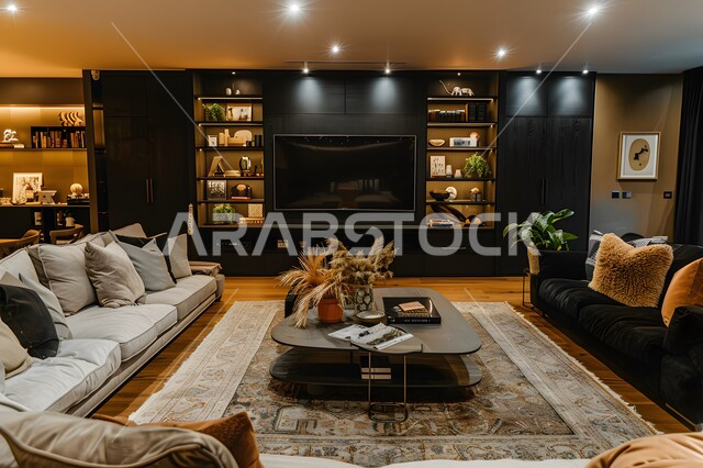 تحف واكسسوارات فخمة، التصاميم العصرية الأنيقة لغرف الجلوس، ديكور داخلي راقي للفلل والشقق السكنية في المملكة العربية السعودية, غرفة معيشة مع أثاث منزلي وكنب فاخرة