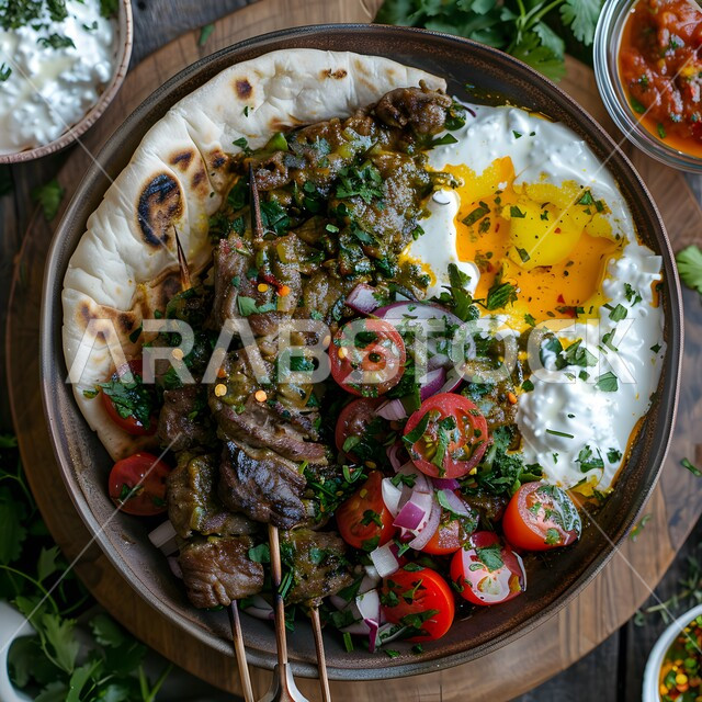Traditional lunches rich in distinctive flavours, grilled meat skewers with chopped vegetables served with fried eggs, popular food recipes in the Kingdom of Saudi Arabia, the art of presentation in restaurants and oriental kitchens, healthy and useful dishes with high values