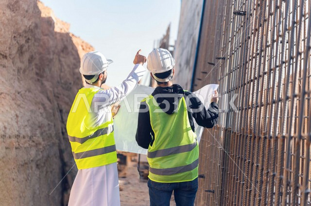 مقاول ومشرف العمل يرتديان خوذة وسترة خاصة بالعمل، عربيان خليجيان سعوديان يناقشان ورقة مخطط البناء ،اشراف ومتابعة العمل ، متابعة استراتيجية المشروع ، التصاميم المعمارية والانشائية
