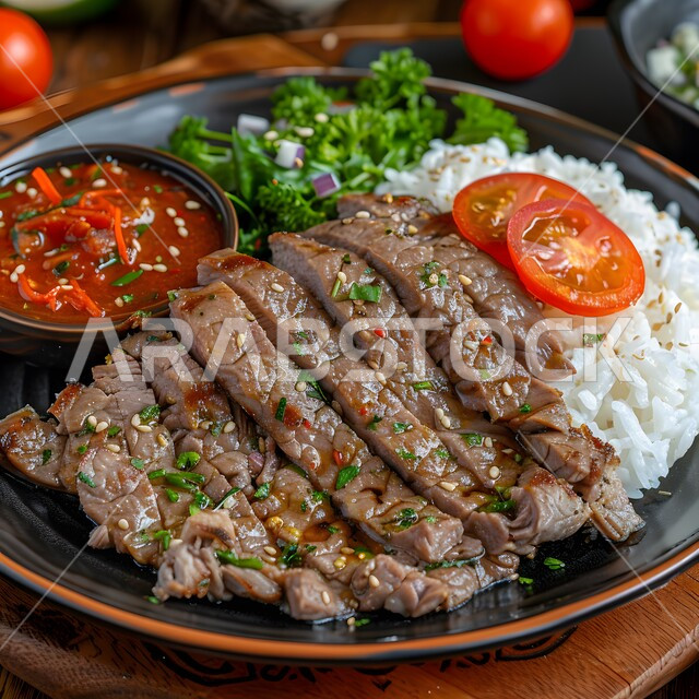  شرائح اللحم المشوية بجانب الخضروات المقطعة المقدمة مع الأرز والصوص الحار، وجبات غداء تقليدية غنية بالنكهات المميزة، وصفات الطعام الشعبية في المملكة العربية العربية السعودية، فن التقديم في المطاعم والمطابخ الشرقية، أطباق صحية ومفيدة ذات قيم عالية