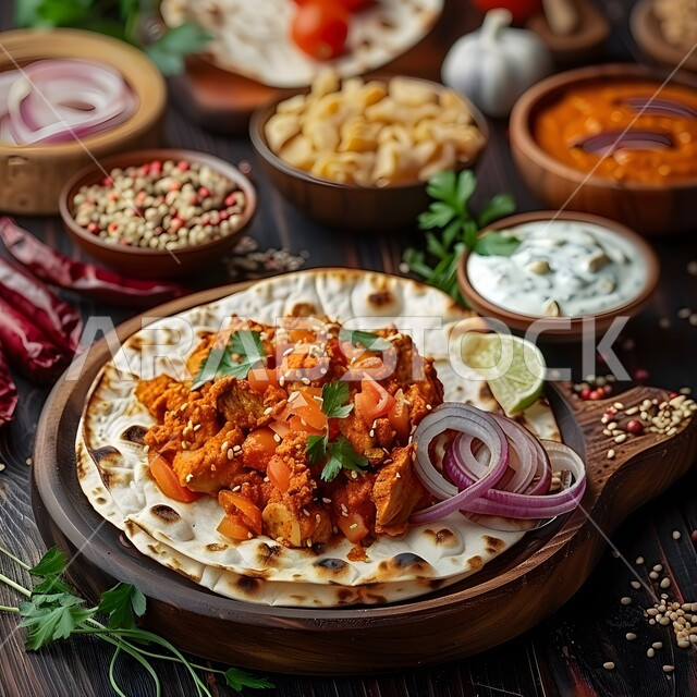 طبق من قطع الدجاج المشوية المقدمة أرغفة الخبز الشهية بجانب المقبلات العديدة، وجبات غداء الشيش طاووق التقليدية ذات النكهات المميزة، وصفات الطعام الشعبية في المملكة العربية العربية السعودية، فن التقديم في المطاعم والمطابخ الشرقية، أطباق صحية ومفيدة لها قيم عالية