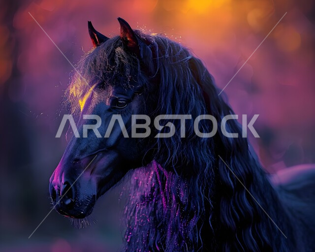 شغف الفروسية وهواية ركوب الأحصنة، بورتريه مقرب لخيل أسود اللون عربي أصيل، اتباع تقاليد الأجداد في رعاية وتربية الخيول في المملكة العربية السعودية، توارث محبة الجياد بين ابناء الوطن، خلفية ملونة