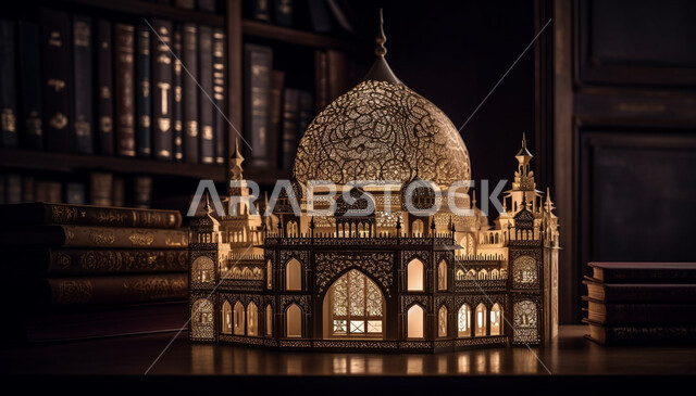 الفن الهندسي المعماري للمكتبات والمتاحف والمعارض في المملكة العربية السعودية، مكان للقراء ومحبي العلم والمعرفة، بورتريه مقرب لمجسم مسجد إسلامي مضيء مصنوع يدوياً، رفوف من الكتب المنظمة والمرتبة و الثرية بالمجلدات والمعاجم ، صرح معرفي مميز ومعلم ثقافي مشهور