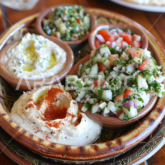 الأصناف والمقبلات اللذيذة، سفرة من المأكولات الشعبية التقليدية الشهية، وجبة الفطور ذات الأطباق المتنوعة والمغذية، الخضروات المقطعة والسلطات الطازجة بجانب معجون الحمص، تقديم الأطعمة المختلفة في مطاعم المملكة العربية السعودية، فن تقديم الطعام في المطابخ الشرقية