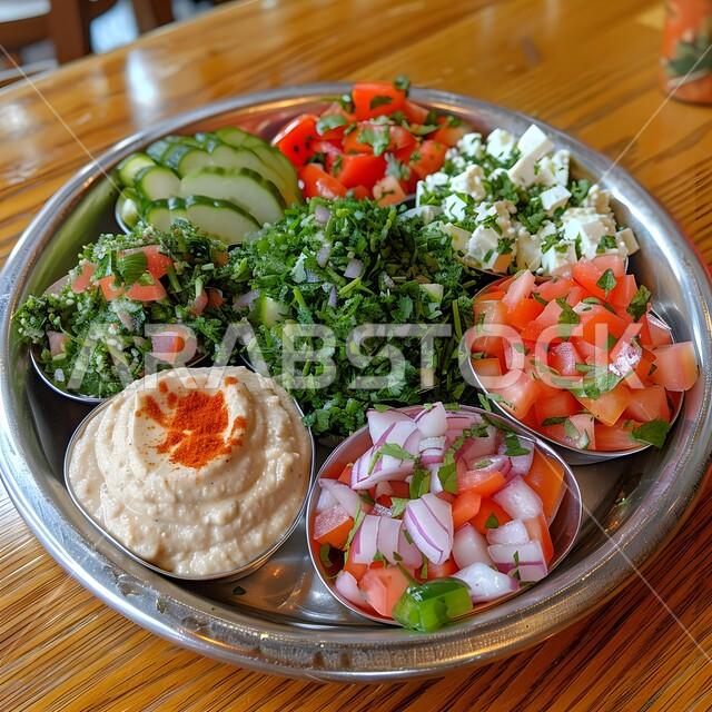 الأصناف والمقبلات اللذيذة، سفرة من المأكولات الشعبية التقليدية الشهية، وجبة الفطور ذات الأطباق المتنوعة والمغذية، الخضروات المقطعة والسلطات الطازجة بجانب معجون الحمص، تقديم الأطعمة المختلفة في مطاعم المملكة العربية السعودية، فن تقديم الطعام في المطابخ الشرقية