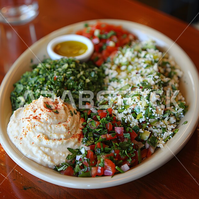 الأصناف والمقبلات اللذيذة، سفرة من المأكولات الشعبية التقليدية الشهية، وجبة الفطور ذات الأطباق المتنوعة والمغذية، الخضروات المقطعة والسلطات الطازجة بجانب معجون الحمص، تقديم الأطعمة المختلفة في مطاعم المملكة العربية السعودية، فن تقديم الطعام في المطابخ الشرقية