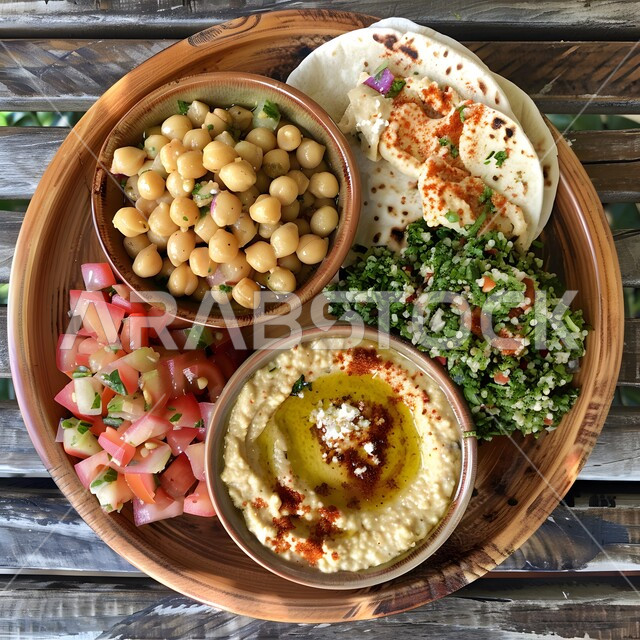 طبق الحمص الناعم مع الخضروات المقطعة بجانب أرغفة الخبز الساخنة، الأصناف والمقبلات اللذيذة، سفرة من المأكولات الشعبية التقليدية الشهية، وجبة الفطور المتنوعة والمغذية، تقديم الأطعمة المختلفة في مطاعم المملكة العربية السعودية، تقديم الطعام في المطابخ الشرقية