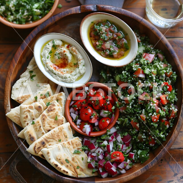 طبق الحمص الناعم مع الخضروات المقطعة بجانب أرغفة الخبز الساخنة، الأصناف والمقبلات اللذيذة، سفرة من المأكولات الشعبية التقليدية الشهية، وجبة الفطور المتنوعة والمغذية، تقديم الأطعمة المختلفة في مطاعم المملكة العربية السعودية، تقديم الطعام في المطابخ الشرقية