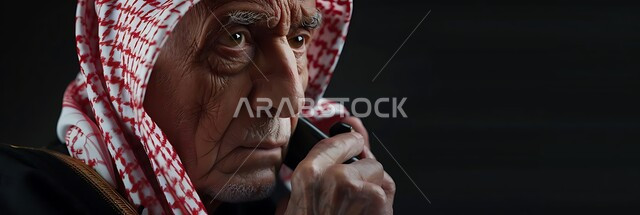 استخدام الأجهزة والتقنيات الحديثة والمتطورة، صورة مقربة لرجل كبير بالسن عربي سعودي خليجي يرتدي الشماغ يقوم باستخدام الهاتف المحمول، التواصل مع الأصدقاء والأقارب عن طريق الجوال، الررد على الاتصالات والمكالمات