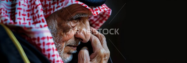 إجراء مكالمة صوتية بايماءات الحزن واليأس، صورة مقربة لرجل كبير بالسن عربي سعودي خليجي يرتدي الشماغ يقوم باستخدام الهاتف الثابت، استخدام الأجهزة والتقنيات الحديثة والمتطورة، استخدام الأجهزة السلكية للتواصل مع الأقارب والأهل