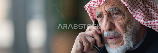 Using modern and advanced devices and technologies, a close-up image of an elderly Saudi Arabian Gulf man wearing a shemagh using a mobile phone, communicating with friends and relatives via mobile phone, answering calls and messages