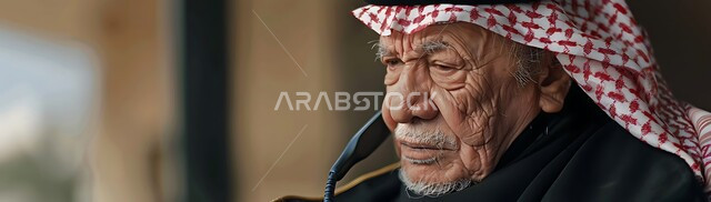 أهمية التواصل مع الأهل والأصدقاء، استخدام الأجهزة والتقنيات الحديثة والمتطورة، صورة مقربة لرجل كبير بالسن عربي سعودي خليجي يرتدي الشماغ والعقال يضع سماعة على أذنه للرد والاستجابة على الاتصالات والمكالمات الهاتفية