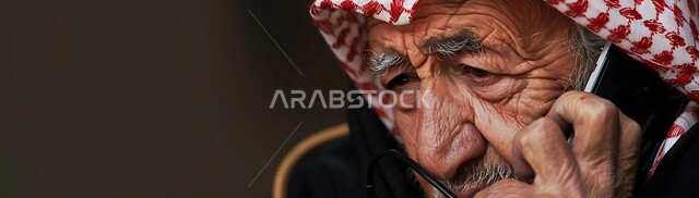Using wired devices to communicate with friends and relatives, making a voice call with gestures of sadness and despair, a close-up of an elderly Saudi Arabian Gulf man wearing a shemagh using a landline phone, using modern and advanced devices and technologies