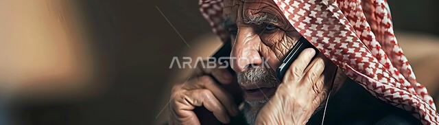 مفهوم التواصل مع الأهل والأصدقاء، استخدام الأجهزة والتقنيات الحديثة والمتطورة، صورة مقربة لرجل كبير بالسن عربي سعودي خليجي يرتدي الشماغ يمسك بيده الهاتف المحمول، الرد والاستجابة على الاتصالات والمكالمات الهاتفية باستخدام الجوال 