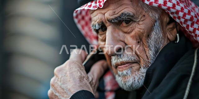 الشعور بالانزعاج لسماع الأخبار السيئة، استخدام الأجهزة السلكية للتواصل مع الأقارب والأهلصورة مقربة لرجل كبير بالسن عربي سعودي خليجي يرتدي الشماغ يقوم باستخدام الهاتف الثابت، استخدام الأجهزة والتقنيات الحديثة والمتطورة  