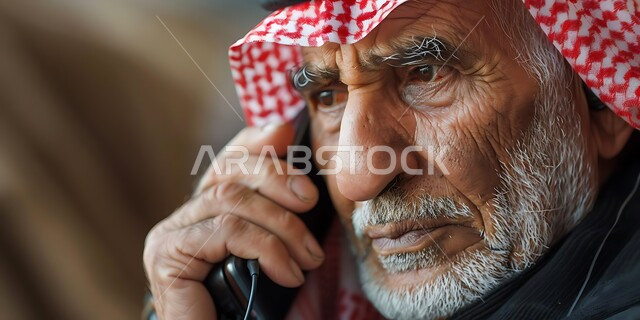 إجراء مكالمة صوتية بايماءات الحزن واليأس، صورة مقربة لرجل كبير بالسن عربي سعودي خليجي يرتدي الشماغ يقوم باستخدام الهاتف الثابت، استخدام الأجهزة والتقنيات الحديثة والمتطورة، استخدام الأجهزة السلكية للتواصل مع الأقارب والأهل