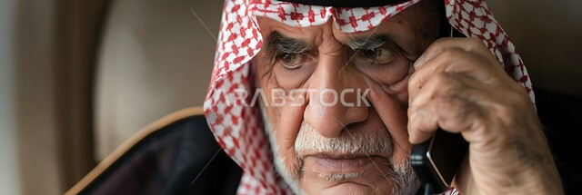 الشعور بالانزعاج لسماع الأخبار السيئة، استخدام الأجهزة السلكية للتواصل مع الأقارب والأهلصورة مقربة لرجل كبير بالسن عربي سعودي خليجي يرتدي الشماغ يقوم باستخدام الهاتف الثابت، استخدام الأجهزة والتقنيات الحديثة والمتطورة  