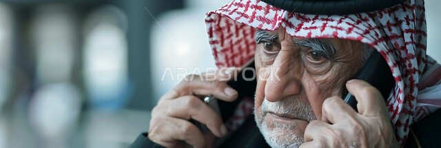 مفهوم التواصل مع الأهل والأصدقاء، استخدام الأجهزة والتقنيات الحديثة والمتطورة، صورة مقربة لرجل كبير بالسن عربي سعودي خليجي يرتدي الشماغ يمسك بيده الهاتف المحمول، الرد والاستجابة على الاتصالات والمكالمات الهاتفية باستخدام الجوال 