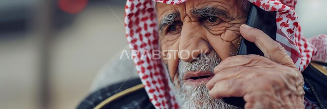 إجراء مكالمة صوتية بايماءات الحزن واليأس، صورة مقربة لرجل كبير بالسن عربي سعودي خليجي يرتدي الشماغ يقوم باستخدام الهاتف الثابت، استخدام الأجهزة والتقنيات الحديثة والمتطورة، استخدام الأجهزة السلكية للتواصل مع الأقارب والأهل
