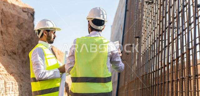 A contractor and a work supervisor wearing a work helmet and jacket, two Saudi Arabian Gulf states discussing the building plan paper, supervising and following up on work, following up on the project strategy, architectural and construction designs